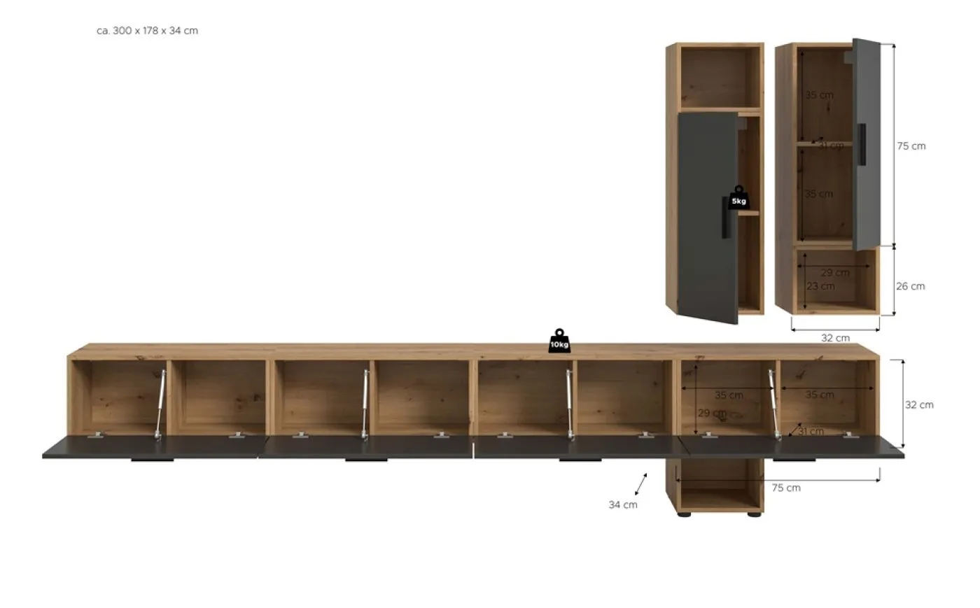 Wohnkombination The One | 9-teilig | Artisan Oak / Basalt grau mit LED Bad warm-weiß 2x 110cm