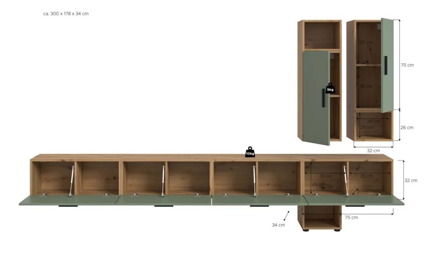 Wohnkombination The One | 9-teilig | Artisan Oak / Smoke Green ohne