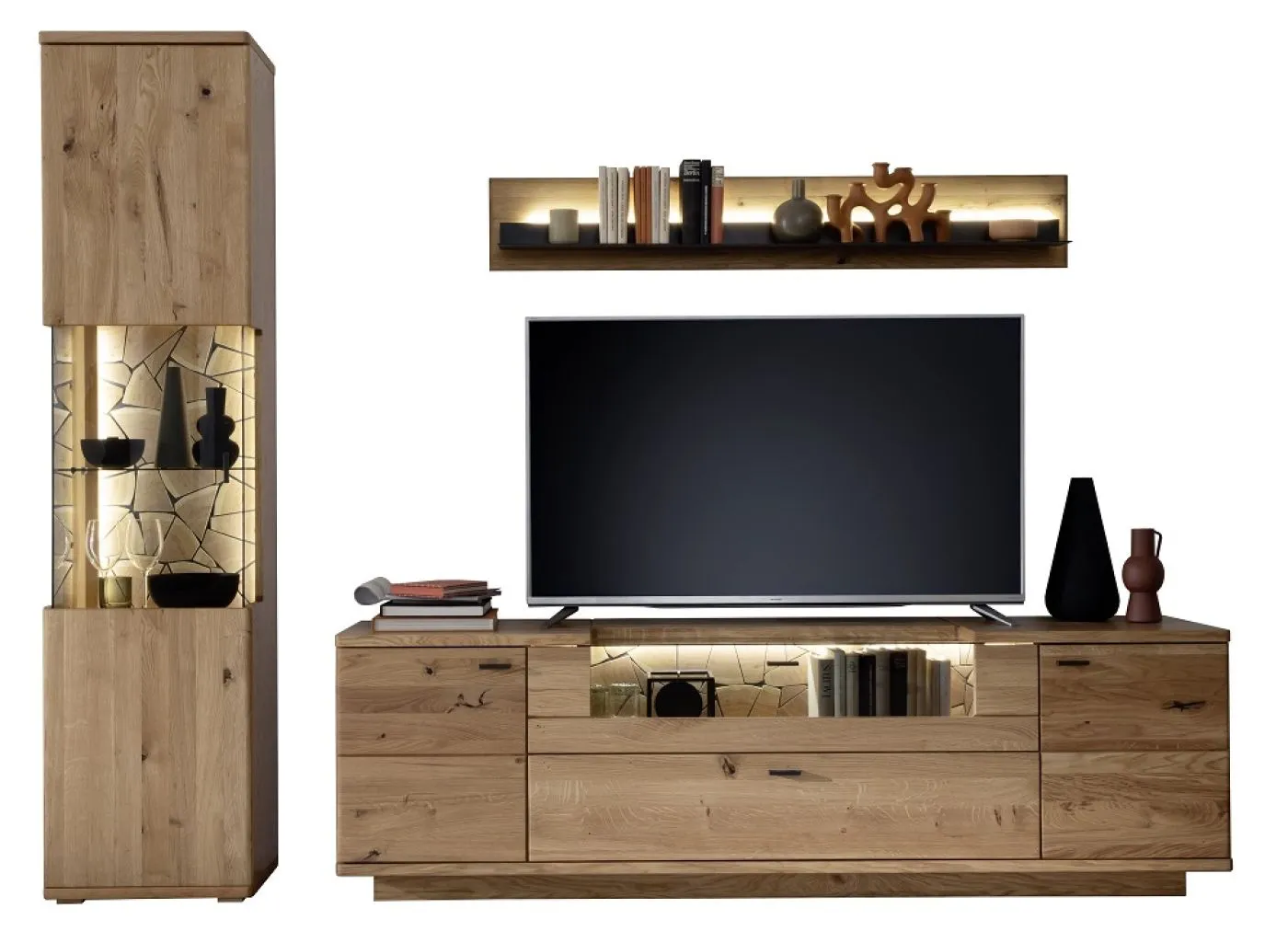 Wohnkombination Venedig 2 | Naturfarben / Wildeiche | 3-teilig | TV-Board & Vitrine mit Bandbeleuchtung