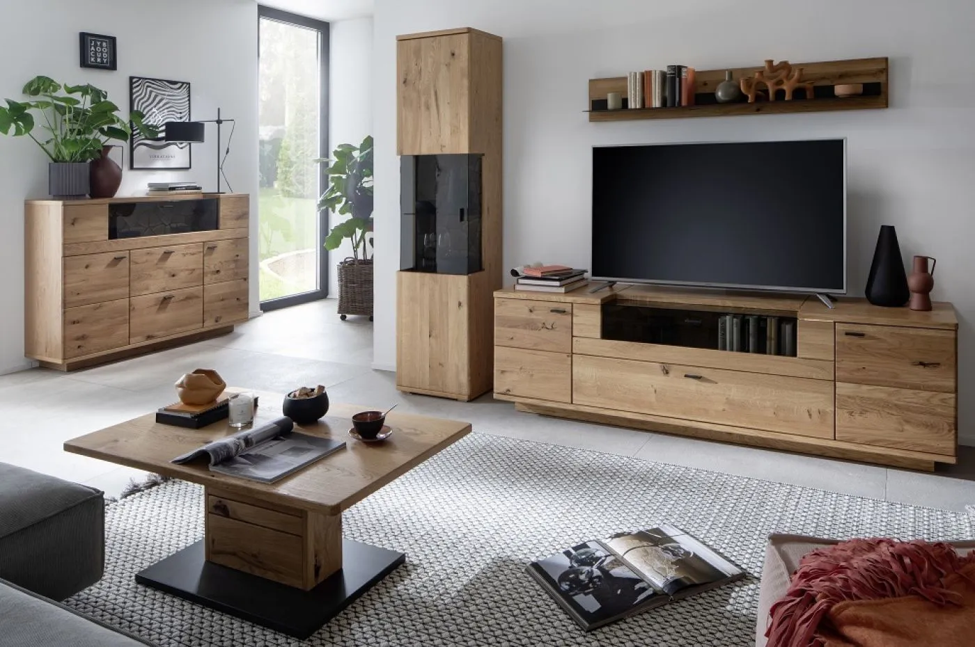 Wohnkombination Venedig 2 | Naturfarben / Wildeiche | 3-teilig | Wandboard mit Bandbeleuchtung