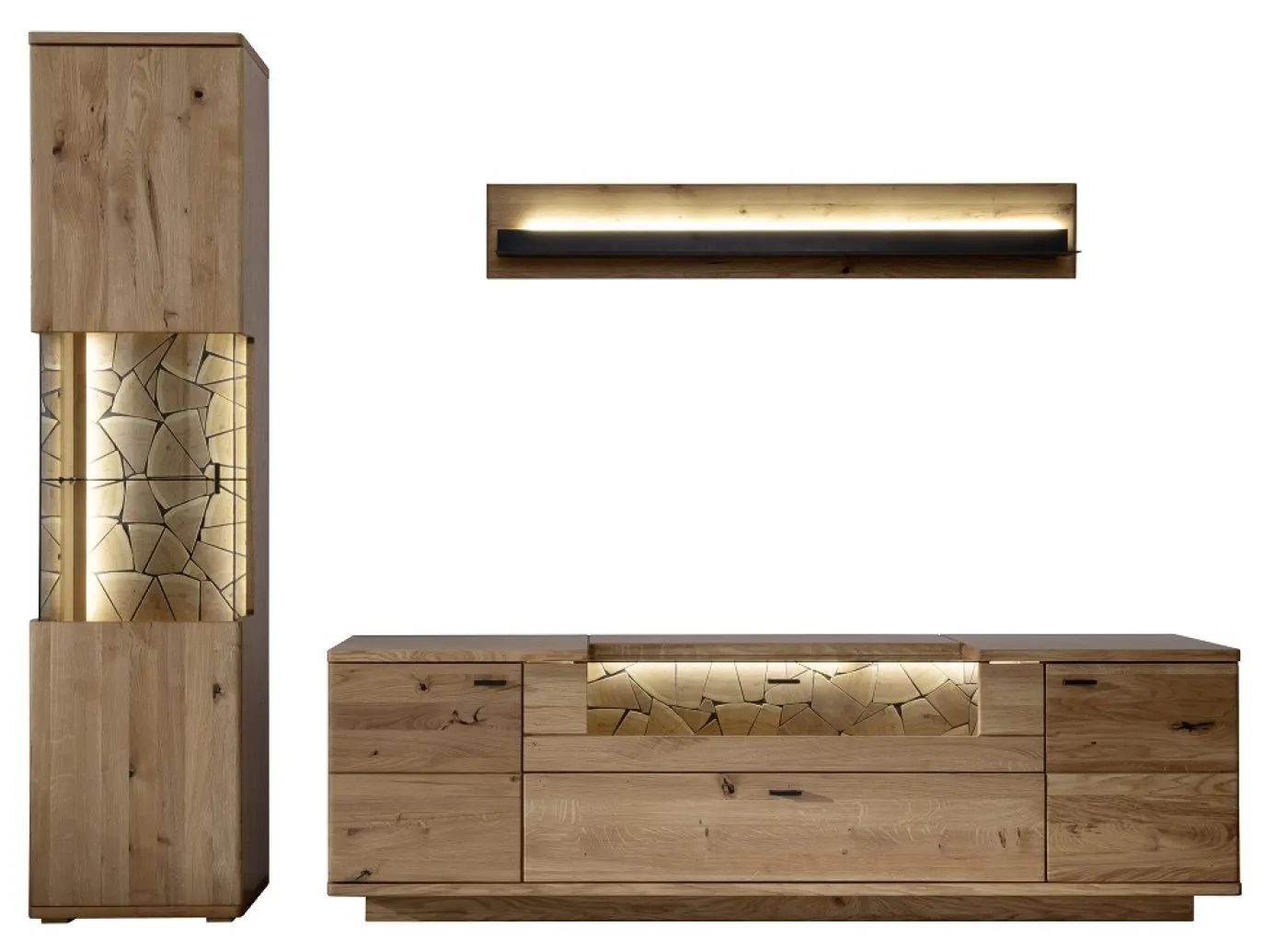 Wohnkombination Venedig 2 | Naturfarben / Wildeiche | 3-teilig | Wandboard & Vitrine mit Bandbeleuchtung