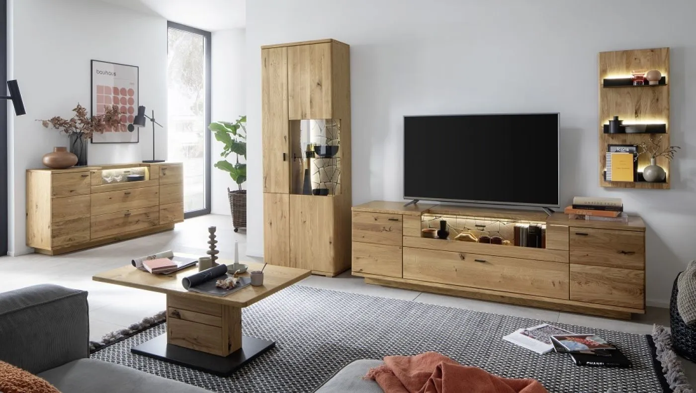 Wohnkombination Venedig | Naturfarben / Wildeiche | 3-teilig | TV-Board & Kombi-Vitrine mit Bandbeleuchtung