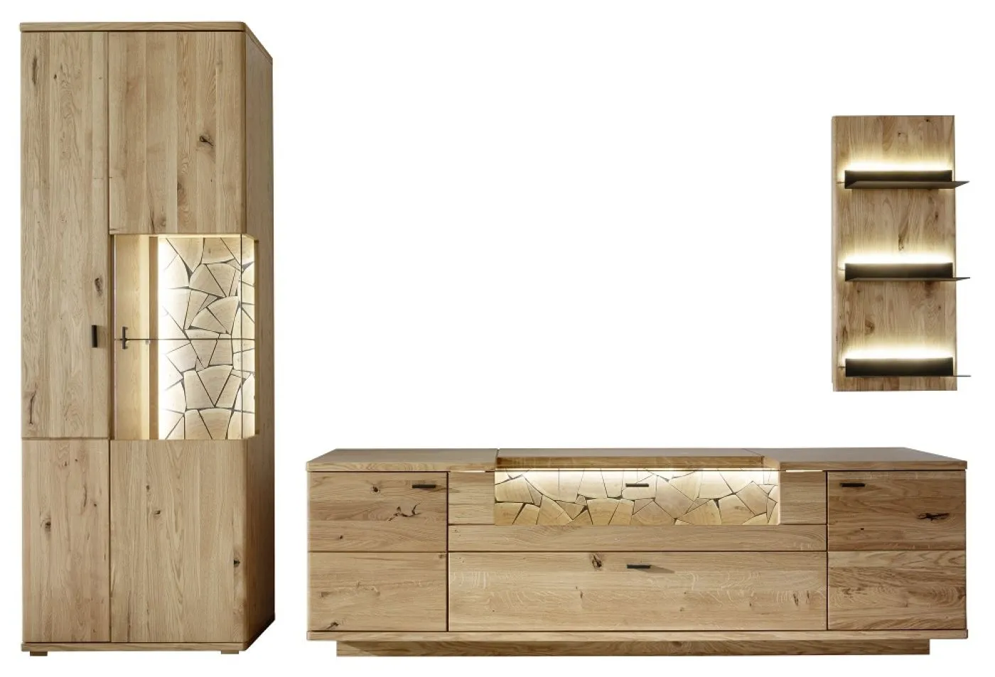 Wohnkombination Venedig | Naturfarben / Wildeiche | 3-teilig | Wandregal mit Bandbeleuchtung