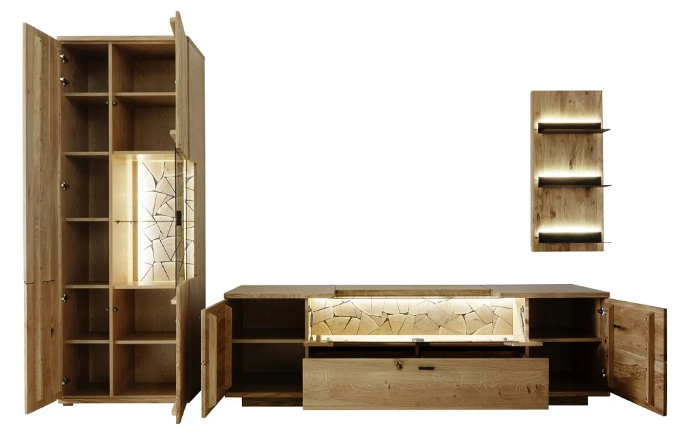 Wohnkombination Venedig | Naturfarben / Wildeiche | 3-teilig | Wandregal & TV-Board mit Bandbeleuchtung