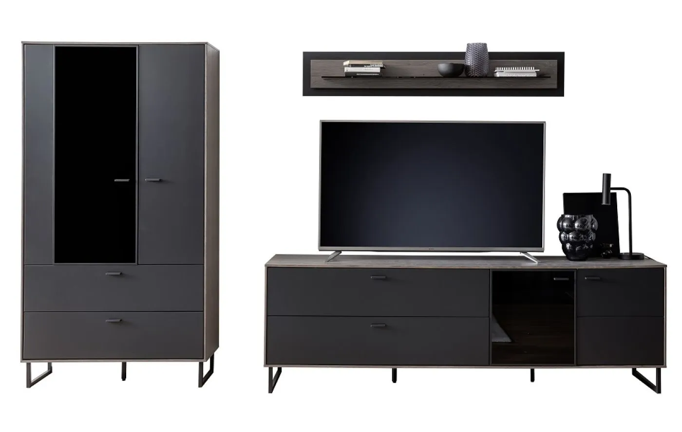 Wohnkombination Venezia 2 | Softblack / Vulcano Eiche | 3-teilig | ohne Beleuchtung