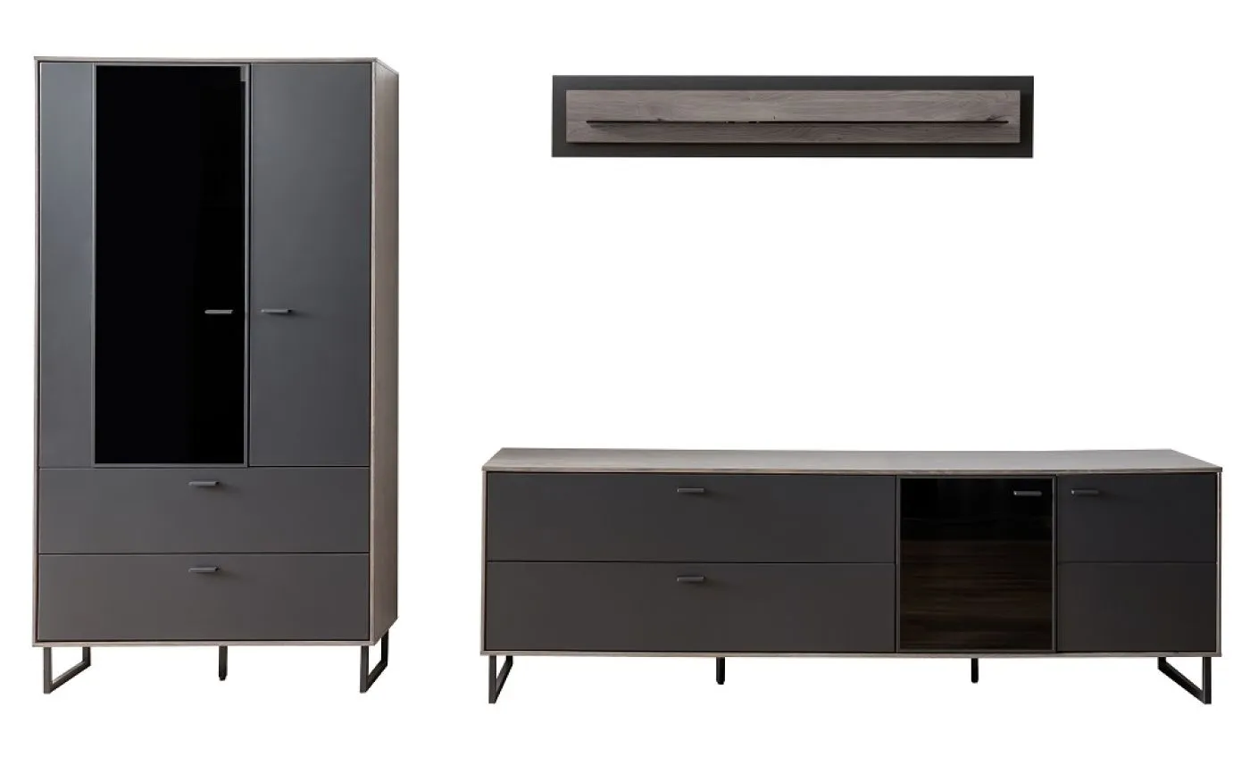 Wohnkombination Venezia 2 | Softblack / Vulcano Eiche | 3-teilig | Wandboard & Kombi-Vitrine mit Beleuchtung