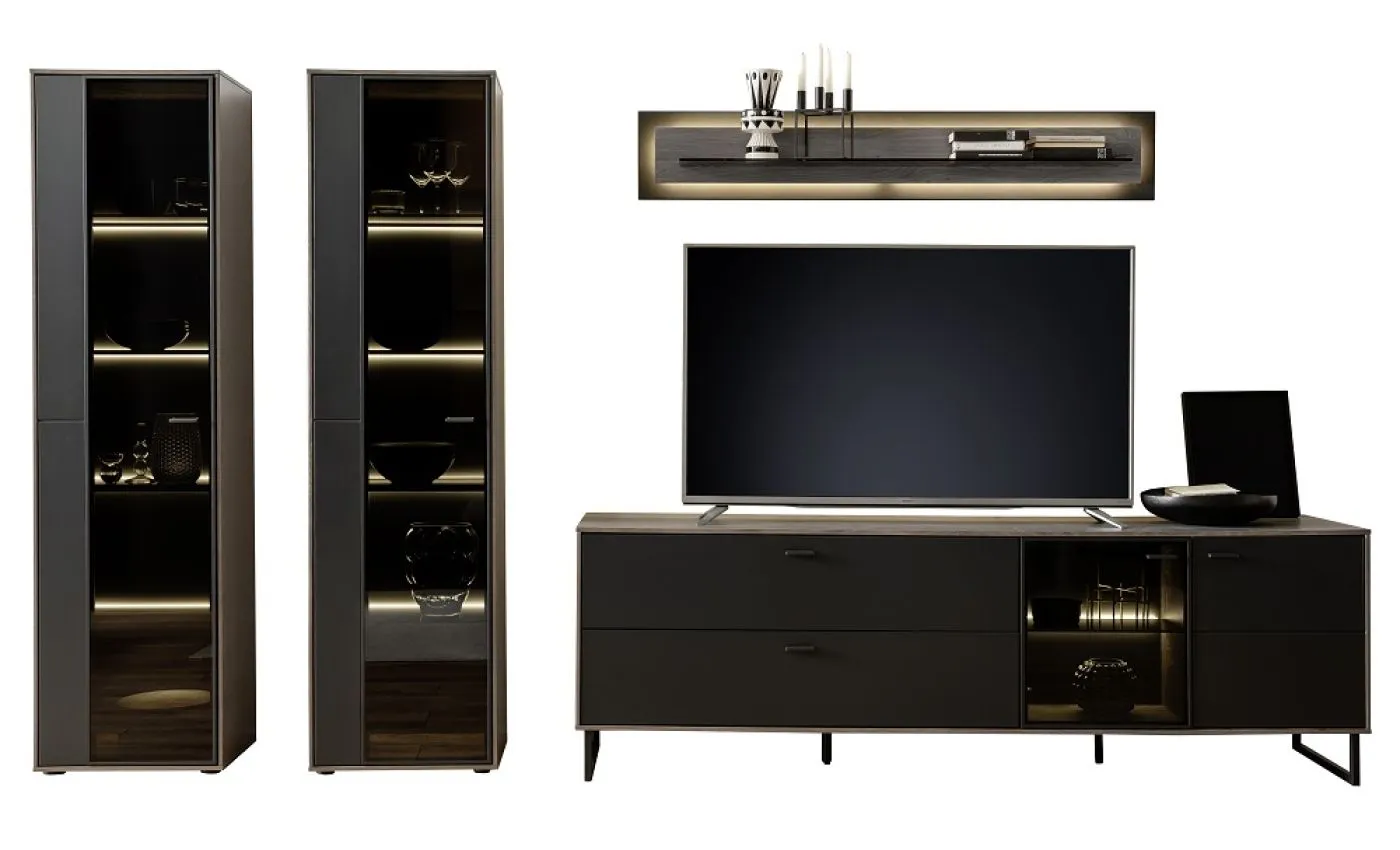 Wohnkombination Venezia 3 | Softblack / Vulcano Eiche | 4-teilig | optional LED Beleuchtung