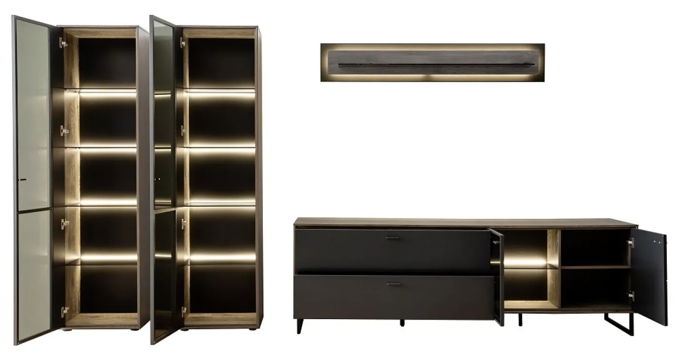 Wohnkombination Venezia 3 | Softblack / Vulcano Eiche | 4-teilig | optional LED Beleuchtung