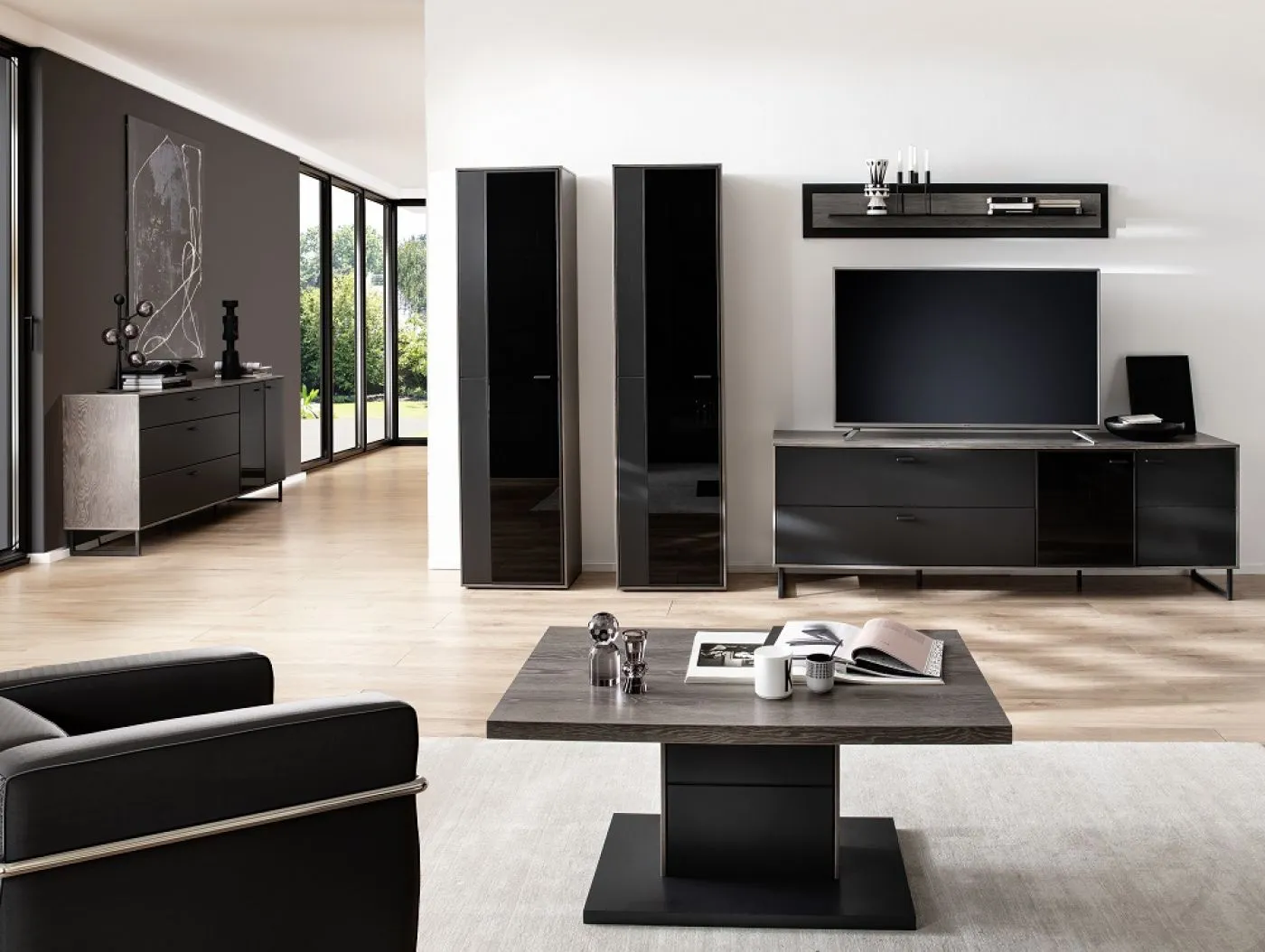 Wohnkombination Venezia 3 | Softblack / Vulcano Eiche | 4-teilig | TV-Board mit Beleuchtung