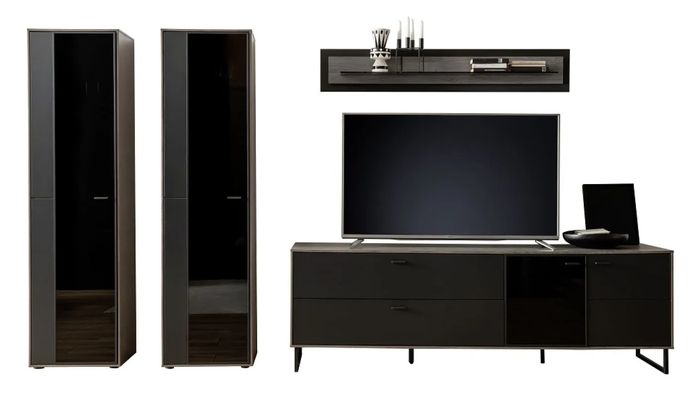 Wohnkombination Venezia 3 | Softblack / Vulcano Eiche | 4-teilig | Wandboard mit Beleuchtung