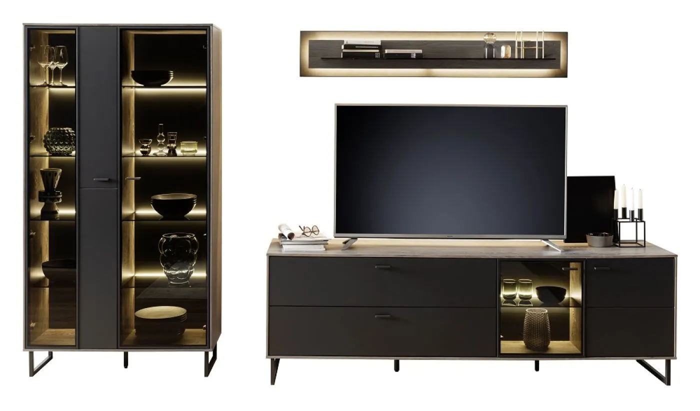 Wohnkombination Venezia | Softblack / Vulcano Eiche | 3-teilig | Beleuchtung Komplettset