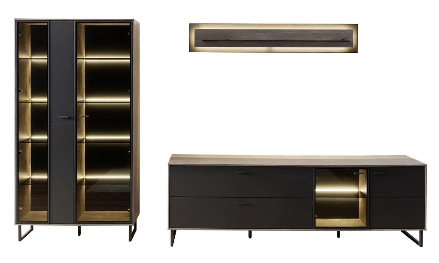 Wohnkombination Venezia | Softblack / Vulcano Eiche | 3-teilig | Beleuchtung Komplettset
