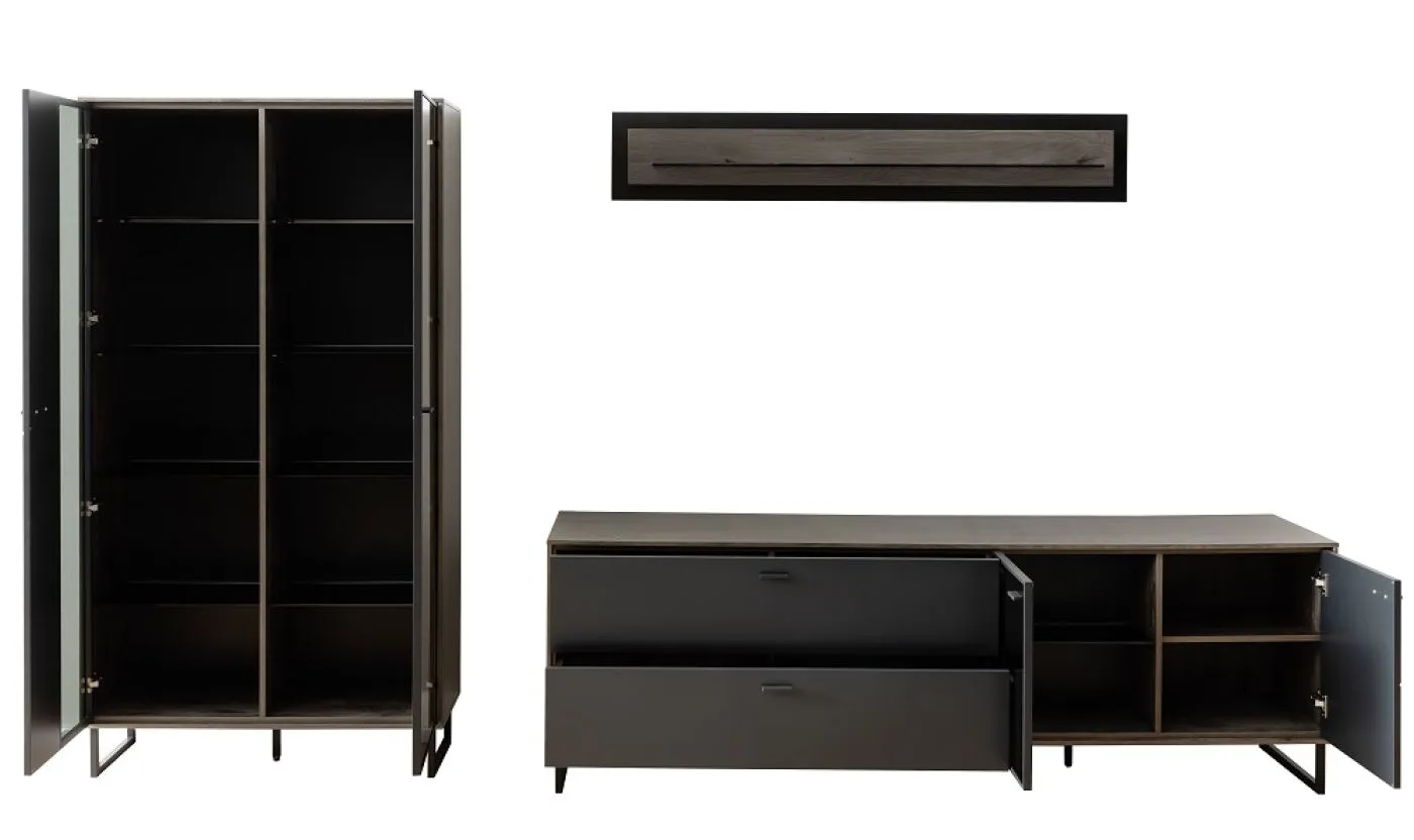 Wohnkombination Venezia | Softblack / Vulcano Eiche | 3-teilig | ohne Beleuchtung