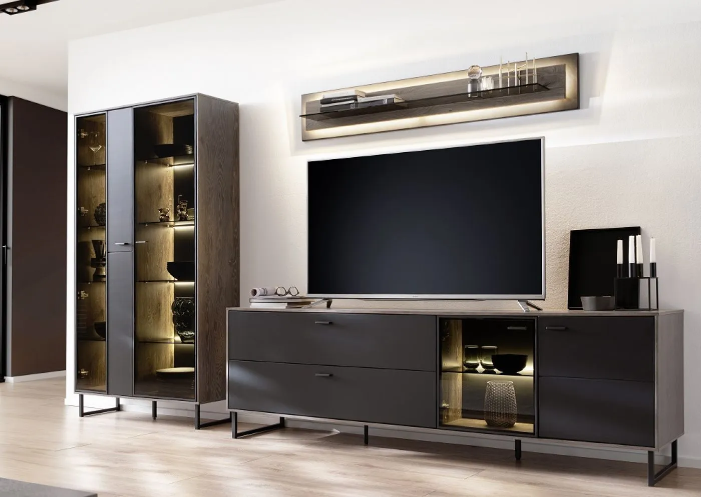 Wohnkombination Venezia | Softblack / Vulcano Eiche | 3-teilig | optional LED Beleuchtung