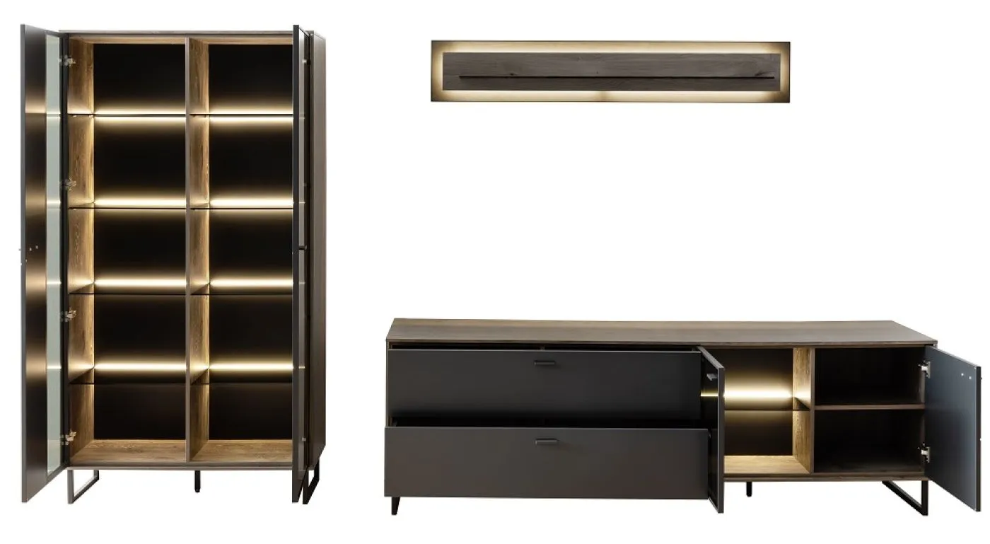 Wohnkombination Venezia | Softblack / Vulcano Eiche | 3-teilig | optional LED Beleuchtung