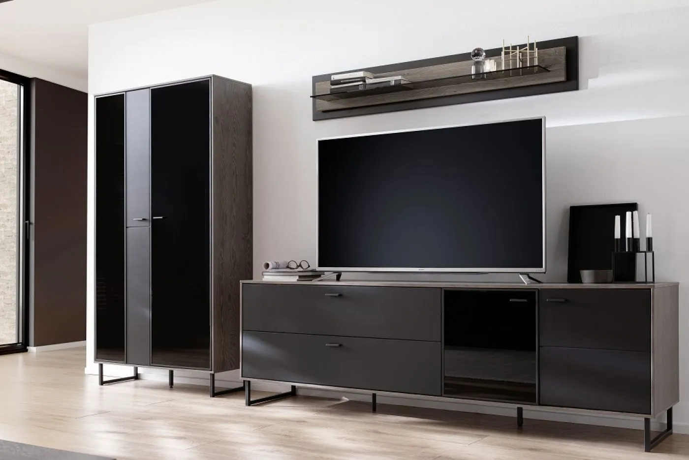 Wohnkombination Venezia | Softblack / Vulcano Eiche | 3-teilig | optional LED Beleuchtung