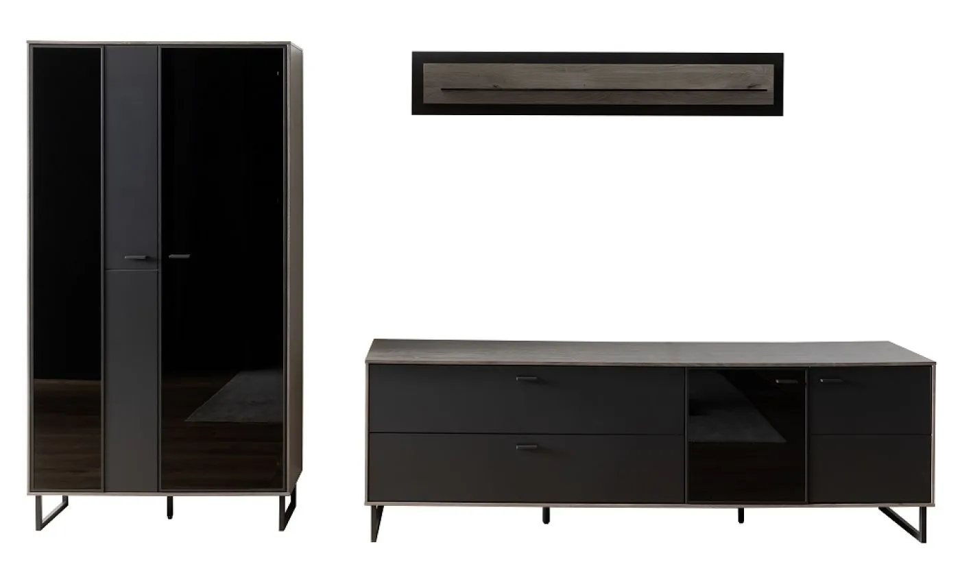 Wohnkombination Venezia | Softblack / Vulcano Eiche | 3-teilig | TV-Board mit Beleuchtung