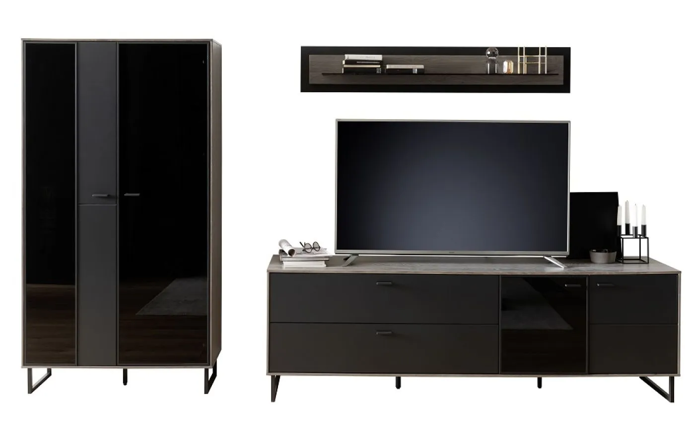 Wohnkombination Venezia | Softblack / Vulcano Eiche | 3-teilig | Wandboard & TV-Board mit Bandbeleuchtung