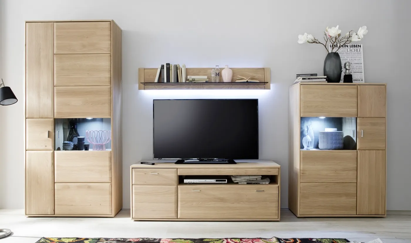 Wohnwand Anbauwand 2 Tarragona | Eiche Bianco | 4-teilig | LED Beleuchtung Komplettset Wandboard