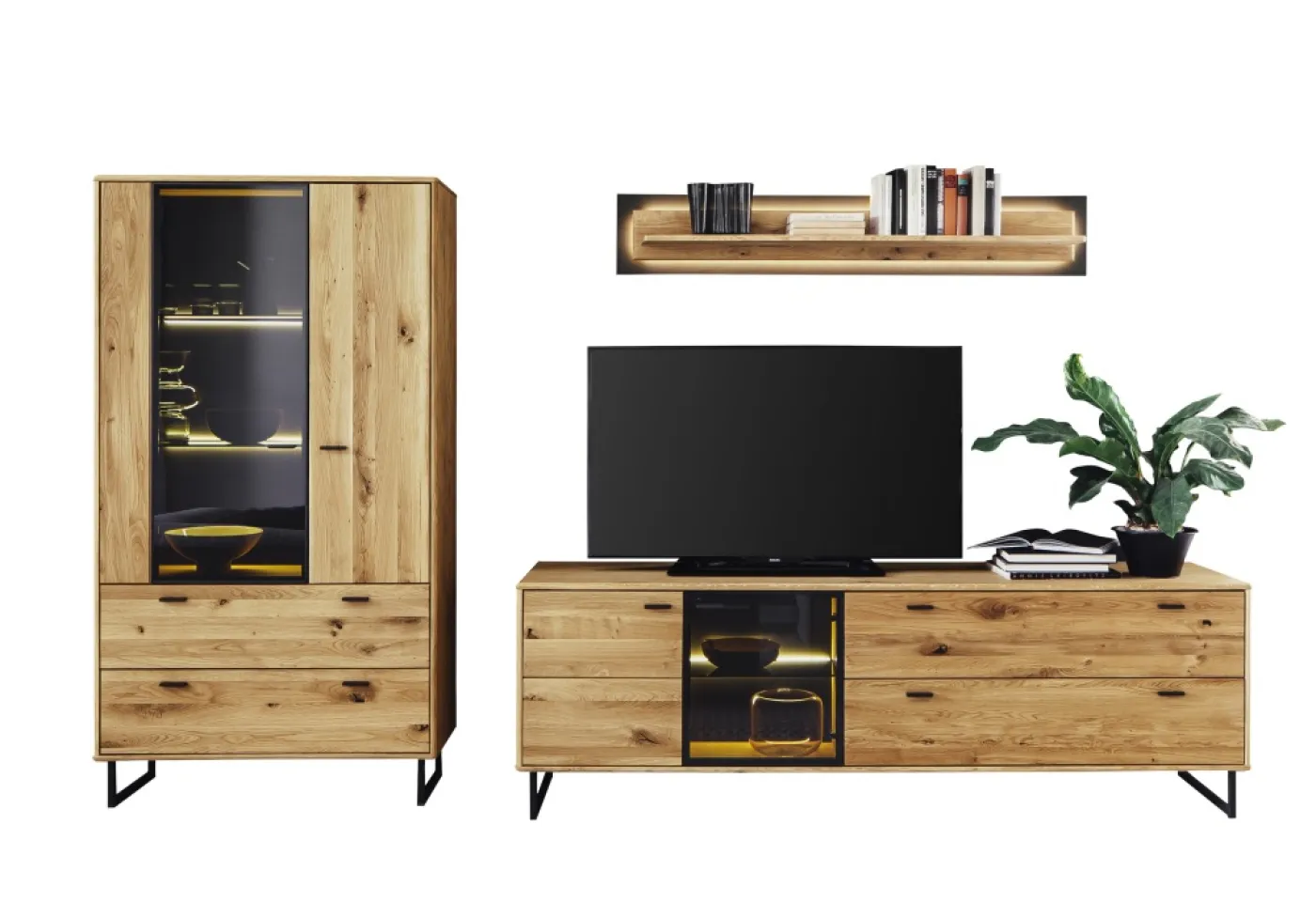 Wohnwand Anbauwand Arezzo 1 | Wildeiche massiv / anthrazit | 3-teilig