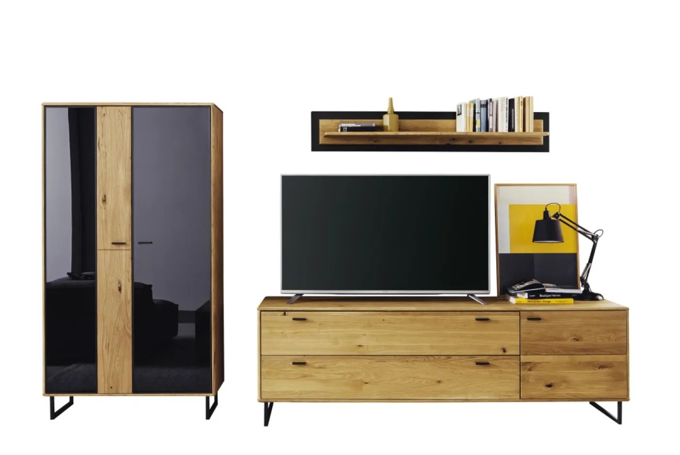 Wohnwand Anbauwand Arezzo | Wildeiche massiv / anthrazit | 3-teilig