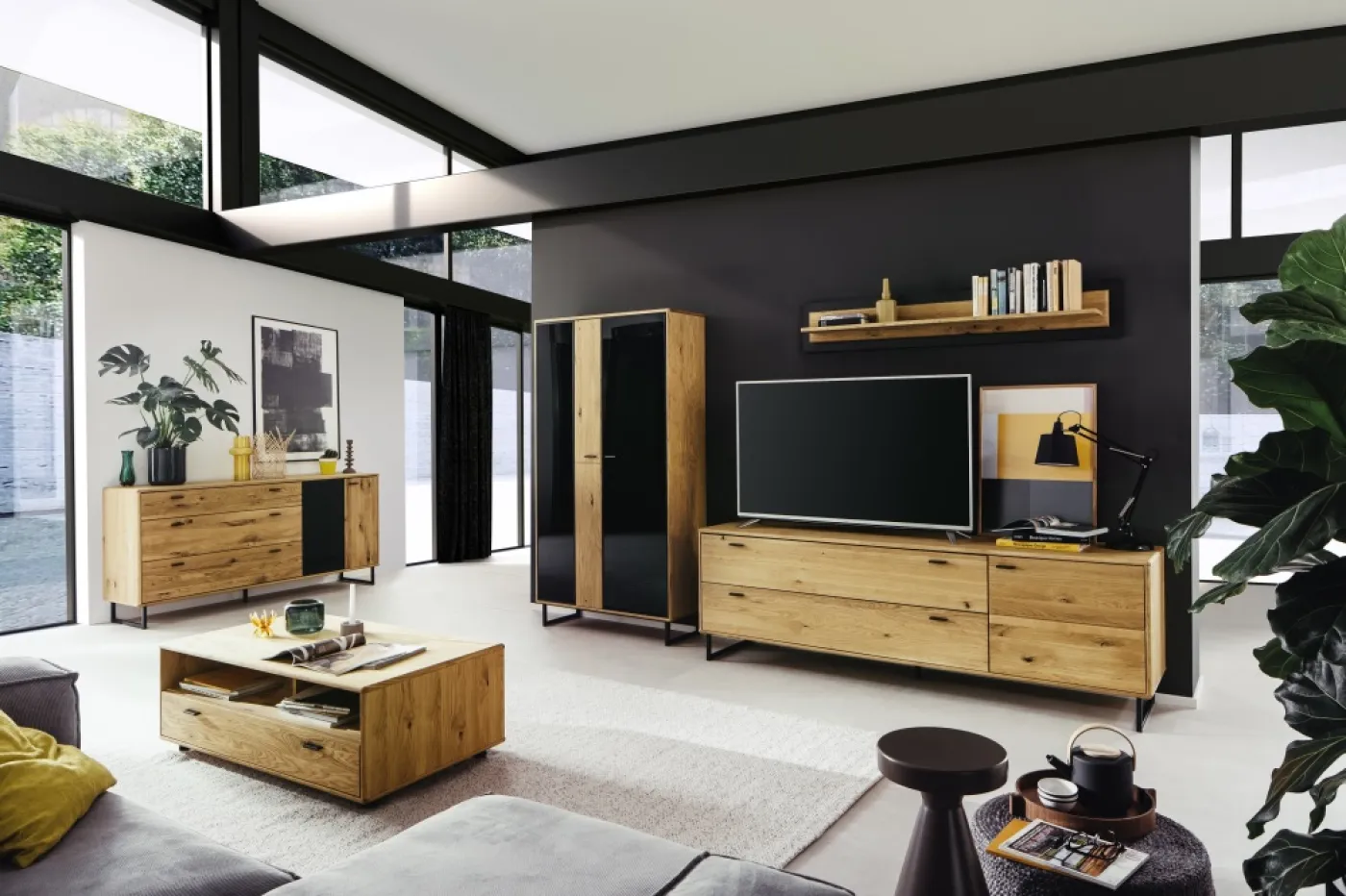 Wohnwand Anbauwand Arezzo | Wildeiche massiv / anthrazit | 3-teilig