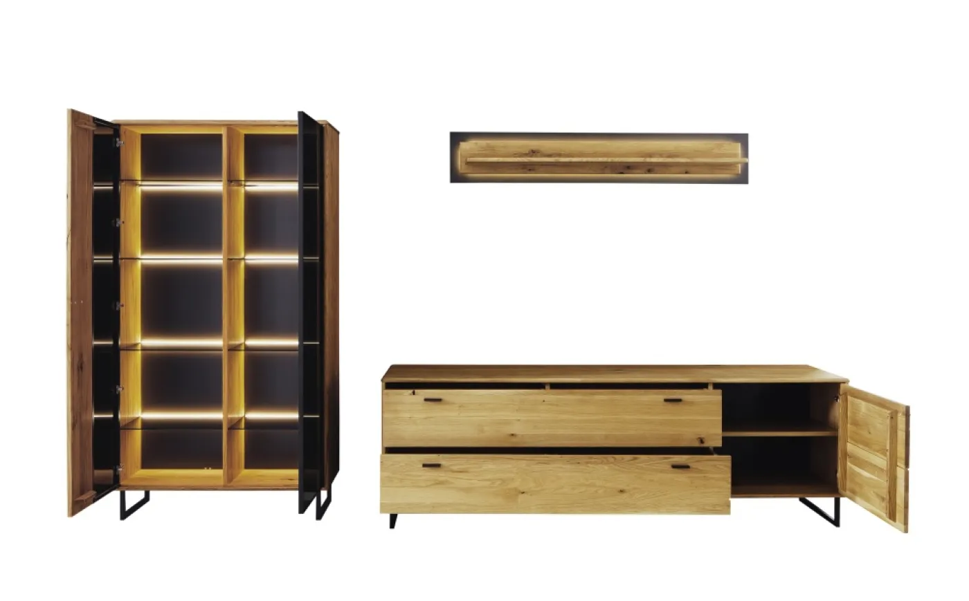 Wohnwand Anbauwand Arezzo | Wildeiche massiv / anthrazit | 3-teilig