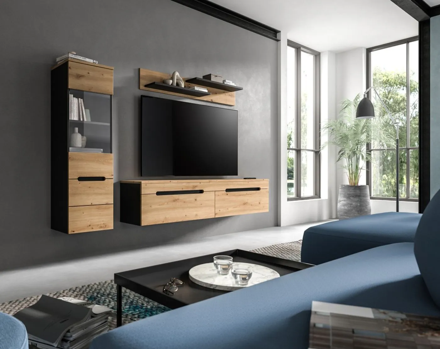 Wohnwand Anbauwand Canu | 2-teilig | Artisan / Basalt Grau mit Beleuchtung