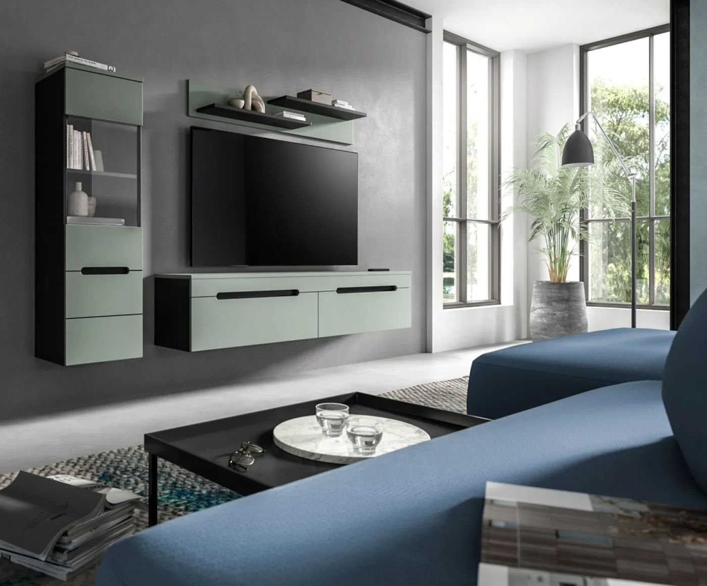 Wohnwand Anbauwand Canu | 2-teilig | Smoke Green / Basalt Grau mit Beleuchtung