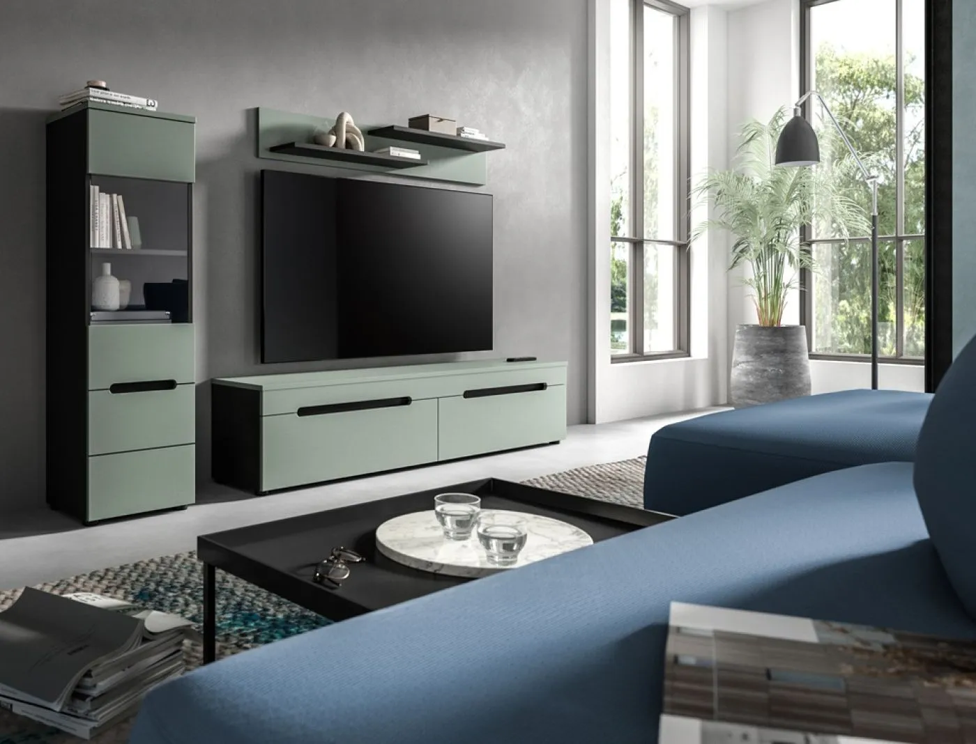 Wohnwand Anbauwand Canu | 2-teilig | Smoke Green / Basalt Grau mit Beleuchtung