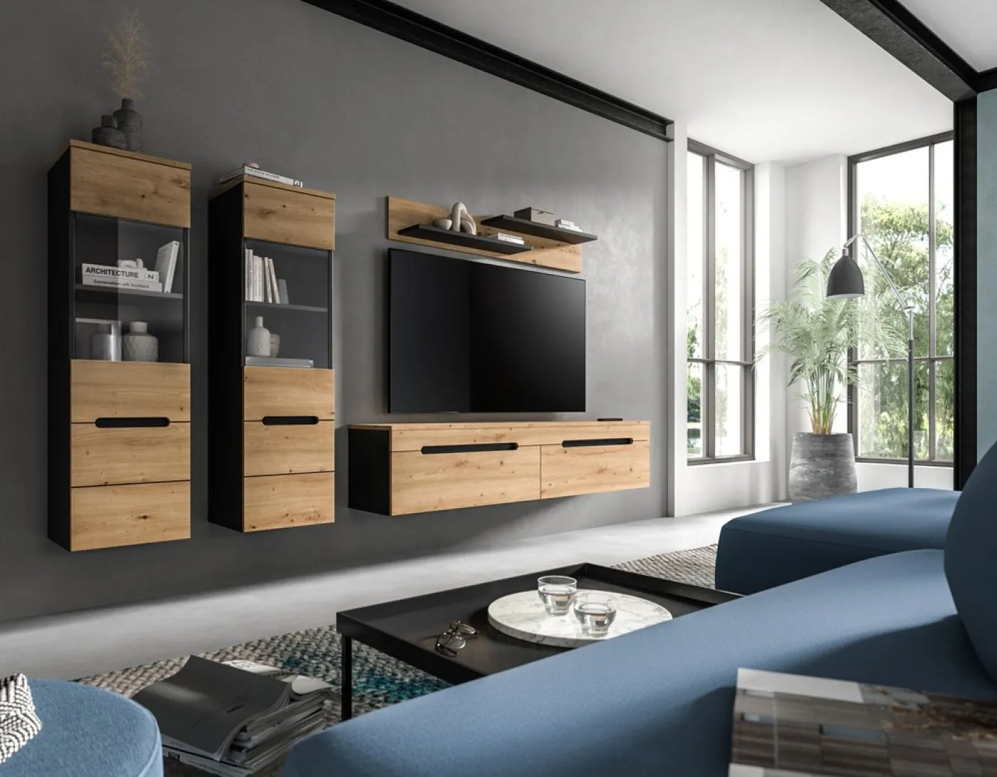 Wohnwand Anbauwand Canu | 3-teilig | Artisan / Basalt Grau | LED Beleuchtung