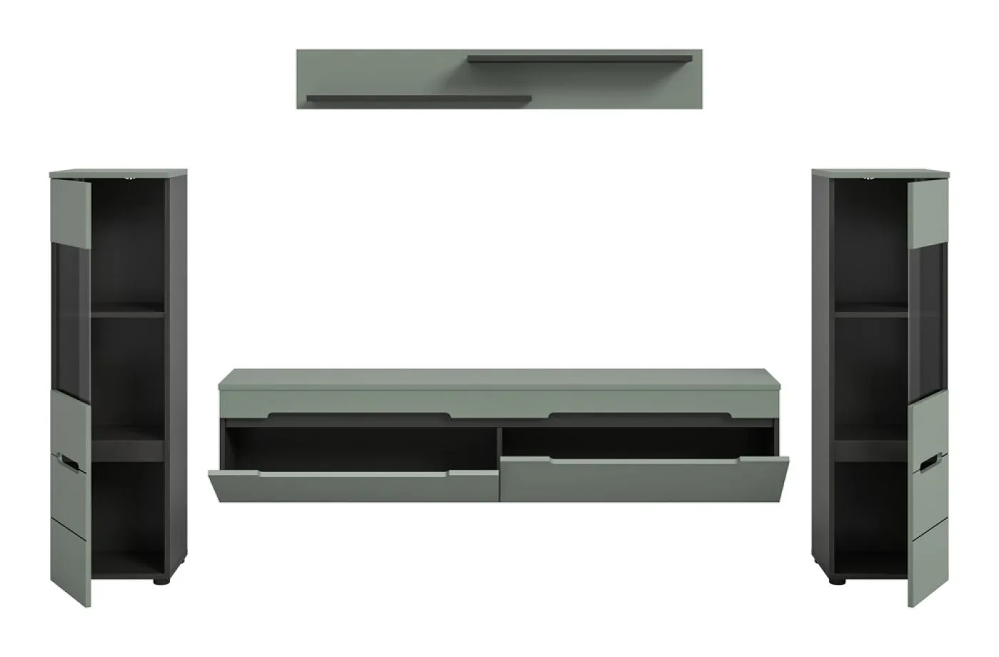 Wohnwand Anbauwand Canu | 3-teilig | Smoke Green / Basalt Grau | LED Beleuchtung