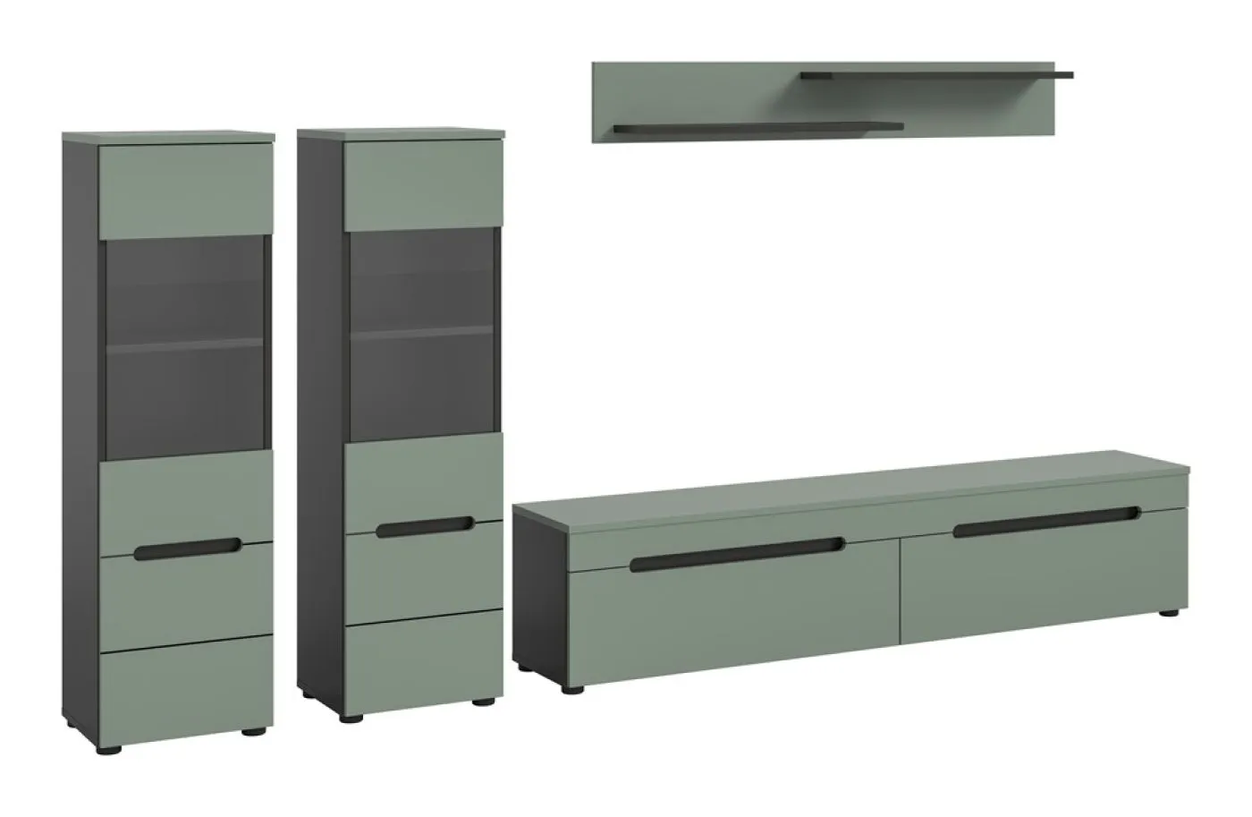 Wohnwand Anbauwand Canu | 3-teilig | Smoke Green / Basalt Grau | mit Beleuchtung