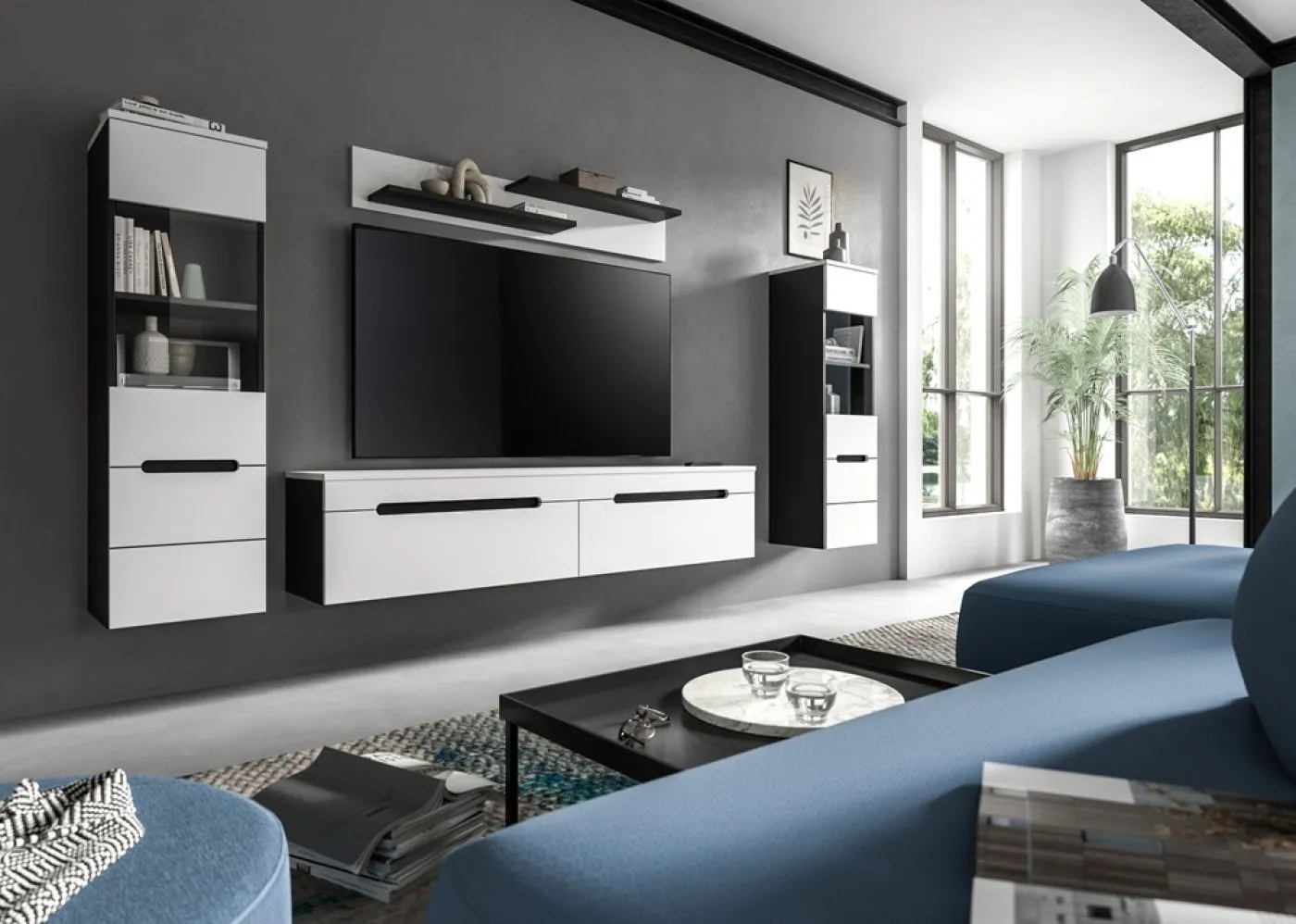 Wohnwand Anbauwand Canu | 3-teilig | weiß / Basalt Grau | LED Beleuchtung