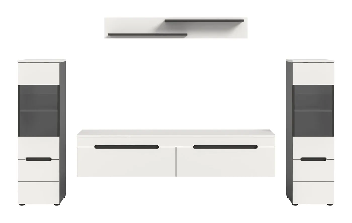Wohnwand Anbauwand Canu, 3-teilig, weiß, Basalt Grau, Schrankwand mit TV-Board, 2 Seitenschränke, Wandboard oben – Ansicht 5
