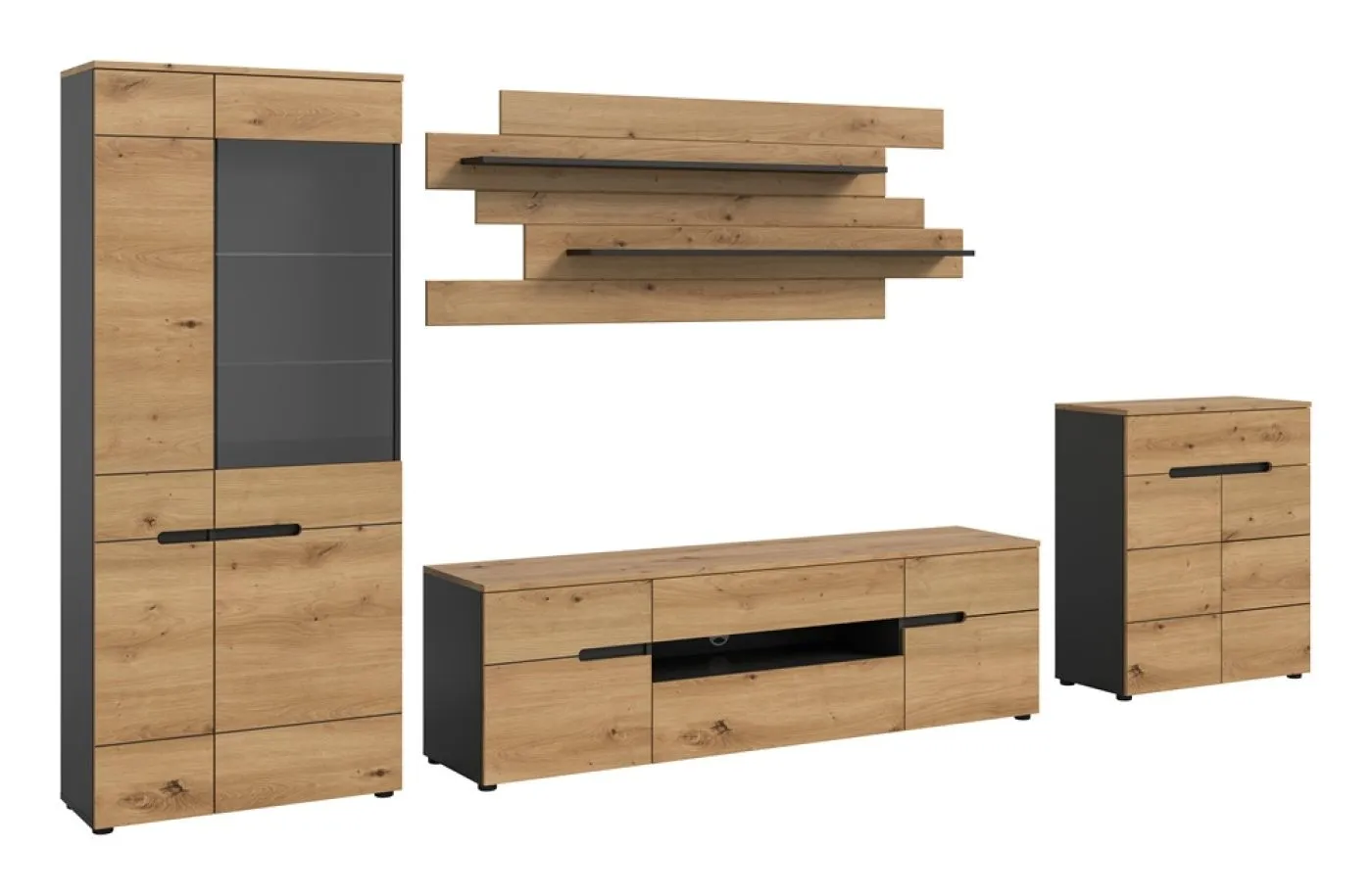 Wohnwand Anbauwand Canu | 4-teilig | Artisan / Basalt Grau | LED Beleuchtung