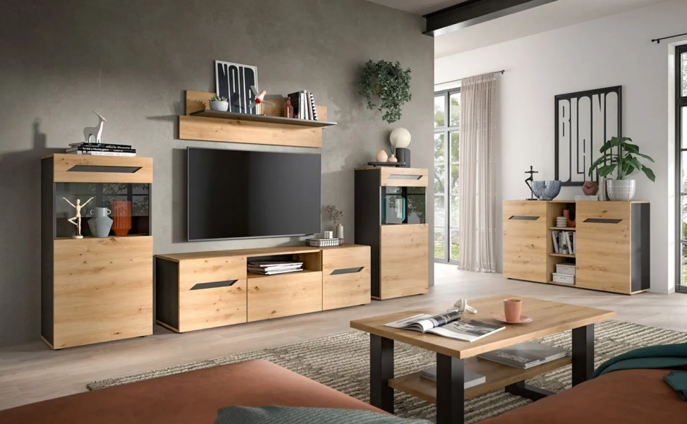 Wohnwand Anbauwand Caserta | 4-teilig | Artisan Eiche / Basalt grau | LED Beleuchtung