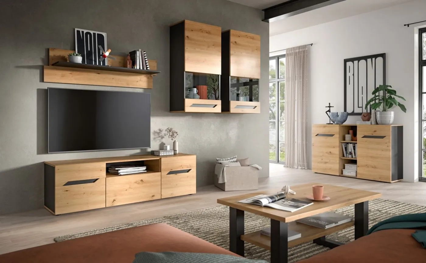 Wohnwand Anbauwand Caserta | 4-teilig | Artisan Eiche / Basalt grau | mit Unterbauspot