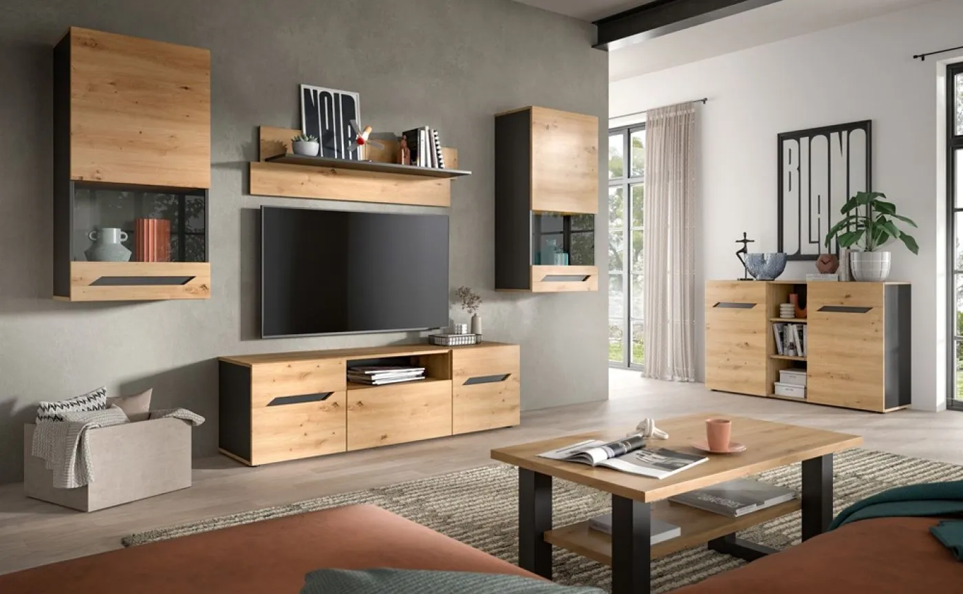 Wohnwand Anbauwand Caserta | 4-teilig | Artisan Eiche / Basalt grau | mit Unterbauspot