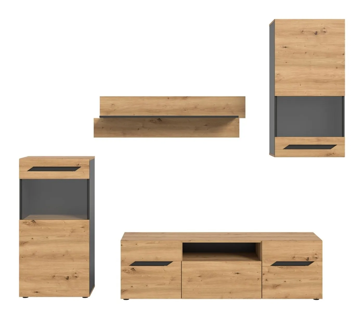Wohnwand Anbauwand Caserta | 4-teilig | Artisan Eiche / Basalt grau | ohne Beleuchtung