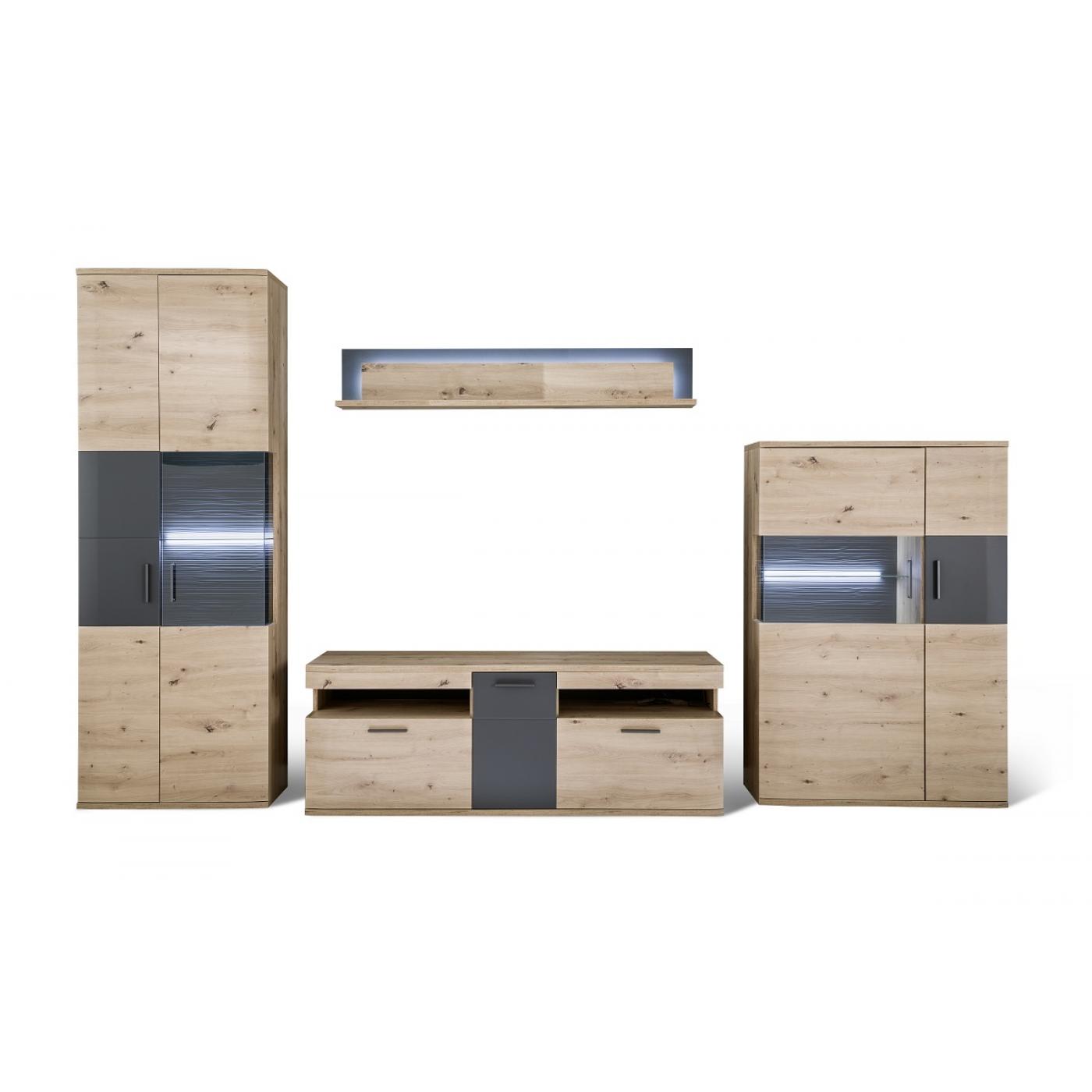 Wohnwand Anbauwand Cortona | Balkeneiche / anthrazit | 4-teilig | LED Beleuchtung
