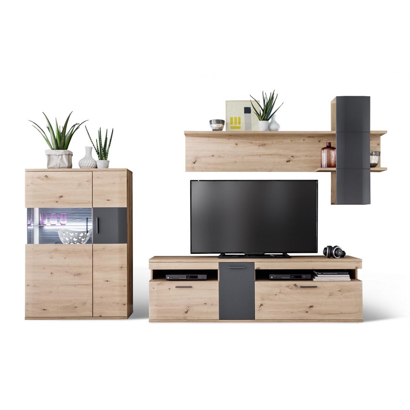 Wohnwand Anbauwand Cortona 2 | Balkeneiche / anthrazit | 3-teilig | LED Beleuchtung