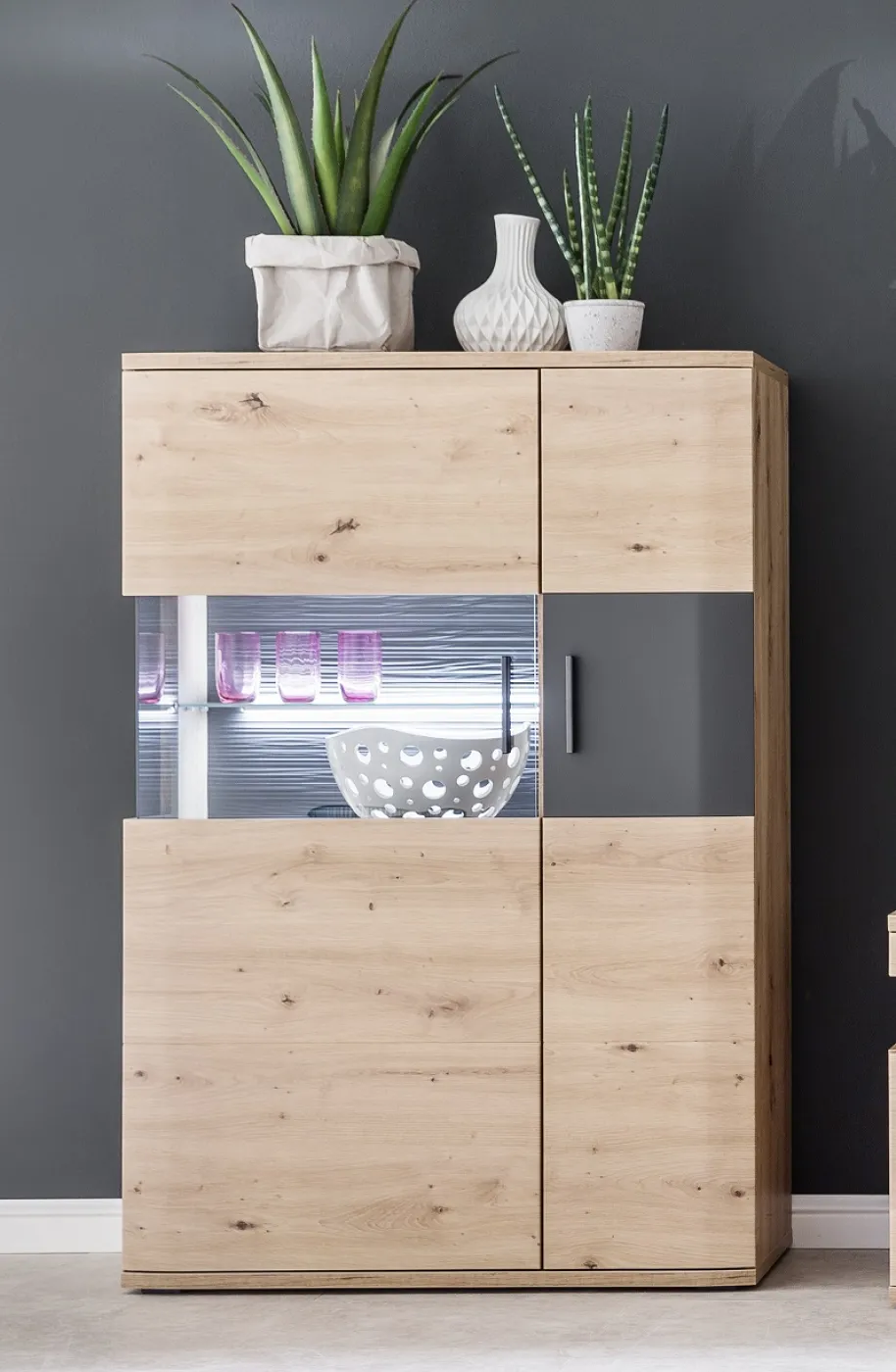 Wohnwand Anbauwand Cortona 2 | Balkeneiche / anthrazit | 3-teilig | LED Beleuchtung