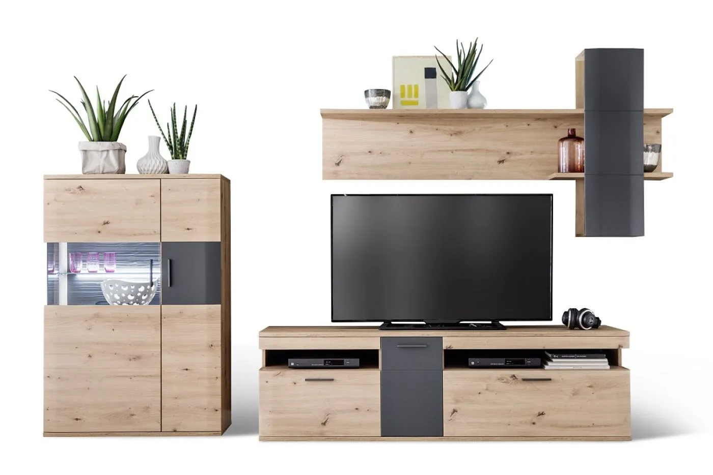 Wohnwand Anbauwand Cortona 2 | Balkeneiche / anthrazit | 3-teilig | LED Beleuchtung 3
