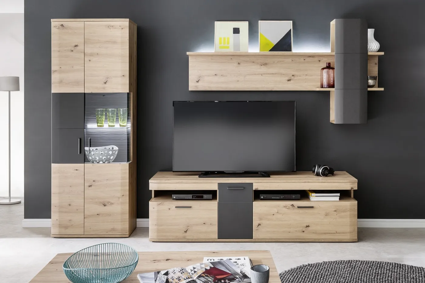 Wohnwand Anbauwand Cortona | Balkeneiche / anthrazit | 3-teilig | LED Beleuchtung