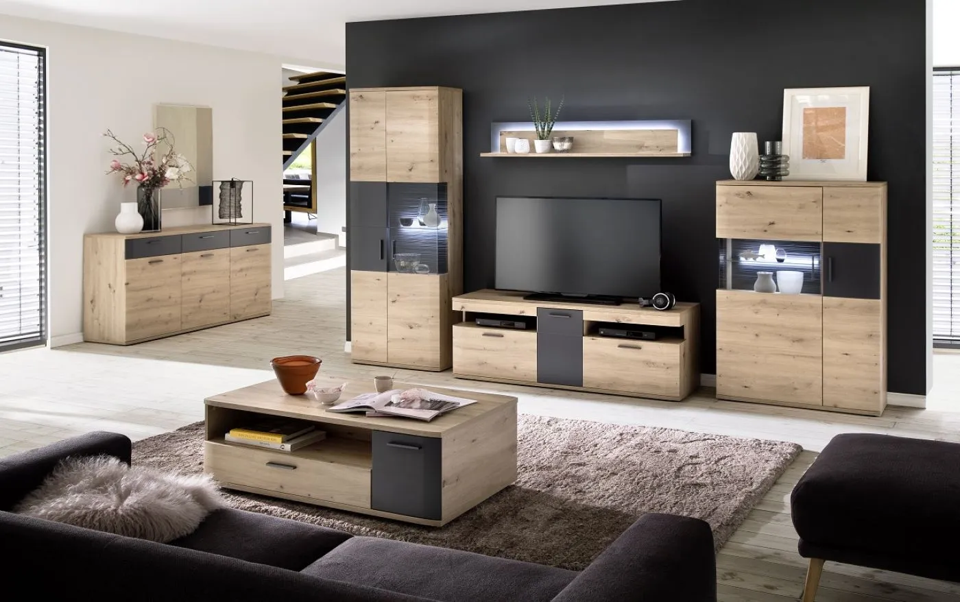 Wohnwand Anbauwand Cortona | Balkeneiche / anthrazit | 4-teilig | LED Beleuchtung 3
