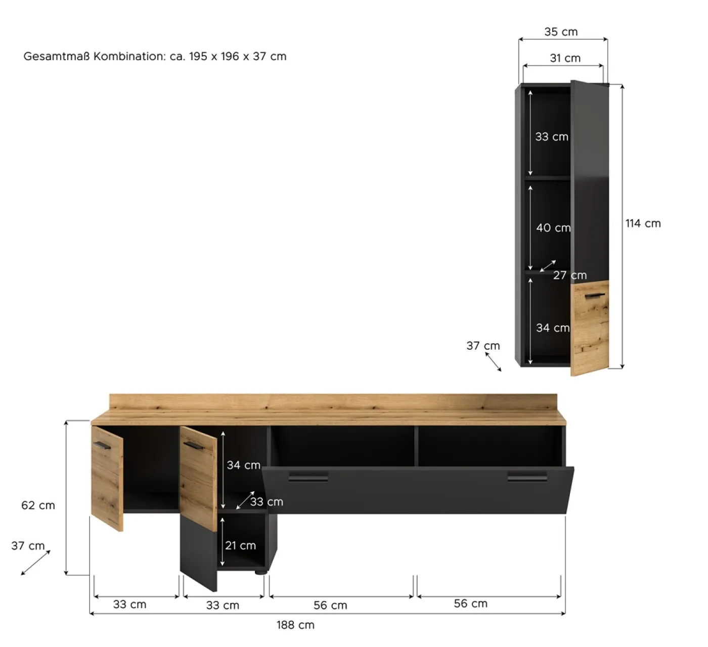 Wohnwand Anbauwand Goal | 2-teilig | grau / Evoke Oak | inkl. Beleuchtung
