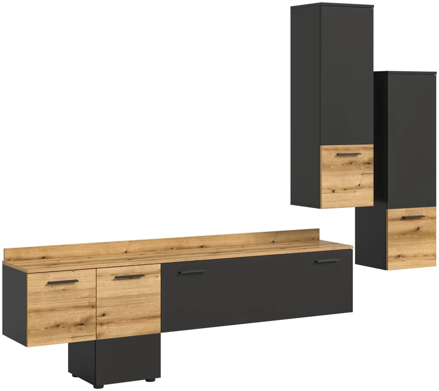 Wohnwand Anbauwand Goal | 3-teilig | grau / Evoke Oak | inkl. Beleuchtung