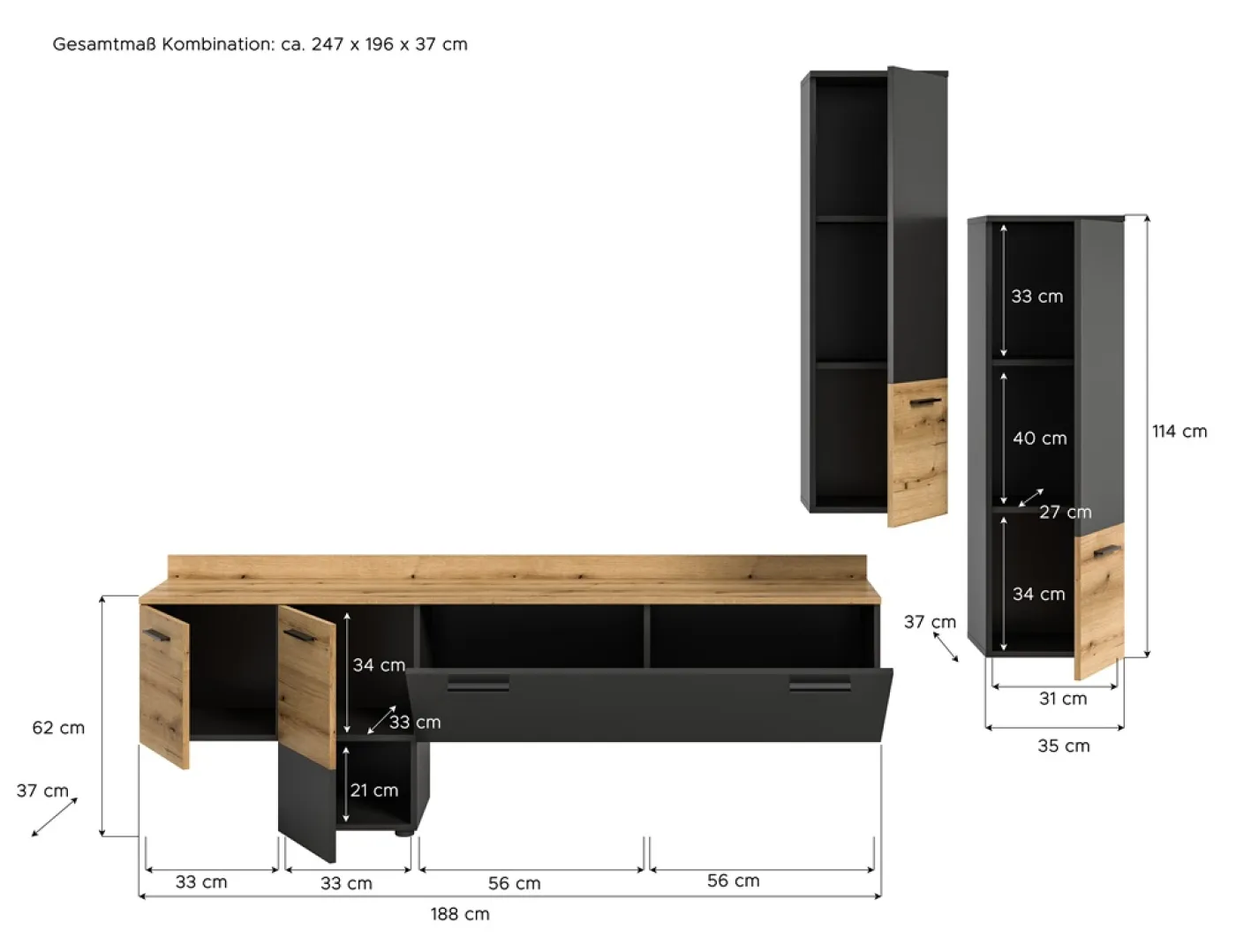 Wohnwand Anbauwand Goal | 3-teilig | grau / Evoke Oak | inkl. Beleuchtung