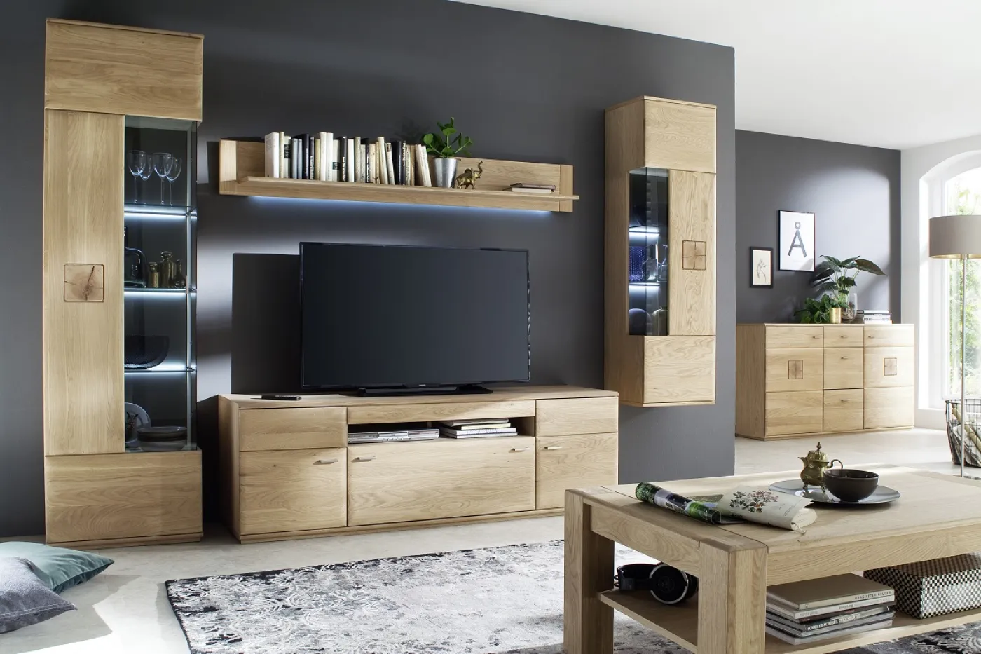 Wohnwand Anbauwand I Bologna 2 | Eiche Bianco | 4-teilig